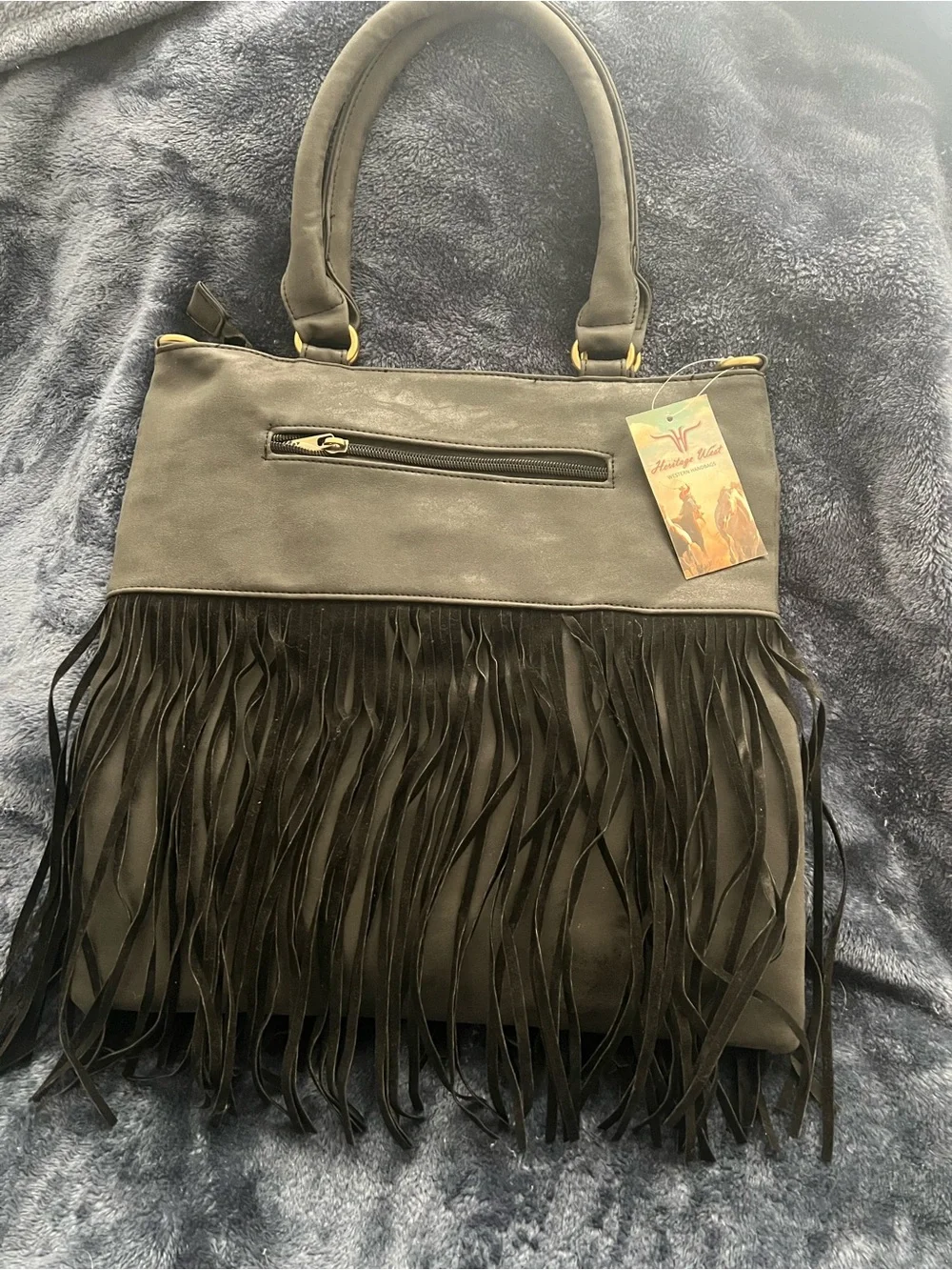 Heritage West Fringed Shoulder Tote in Black/Charcoal with Gold Accents